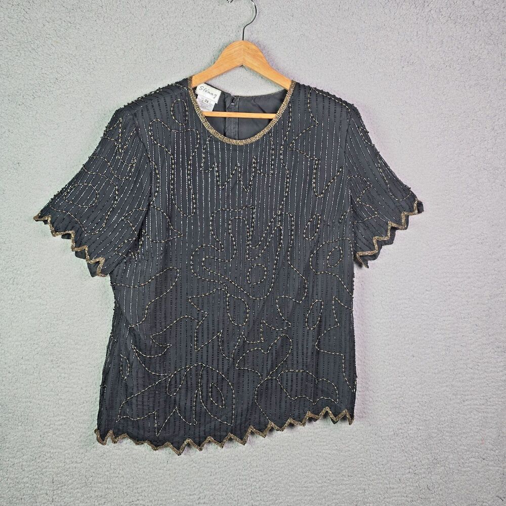 Stenay 3X silk beaded top metallic scalloped black holiday party bling festival